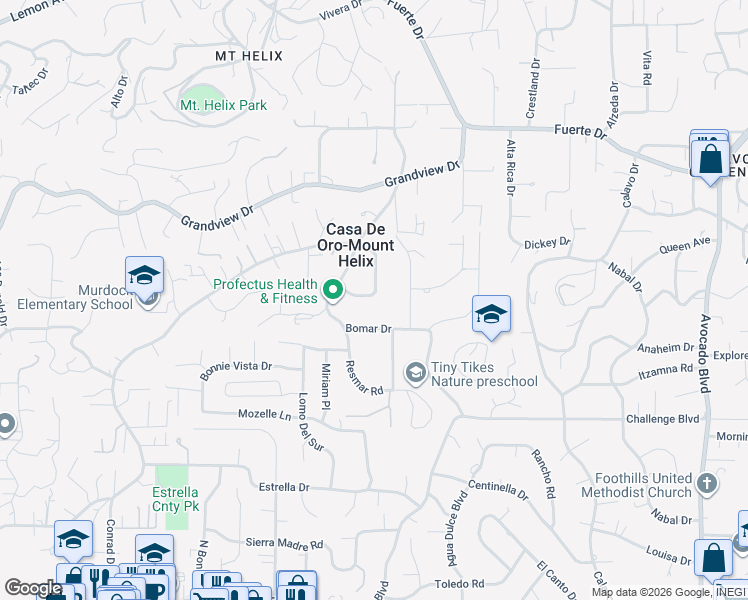 map of restaurants, bars, coffee shops, grocery stores, and more near 4541 Hillview Drive in La Mesa