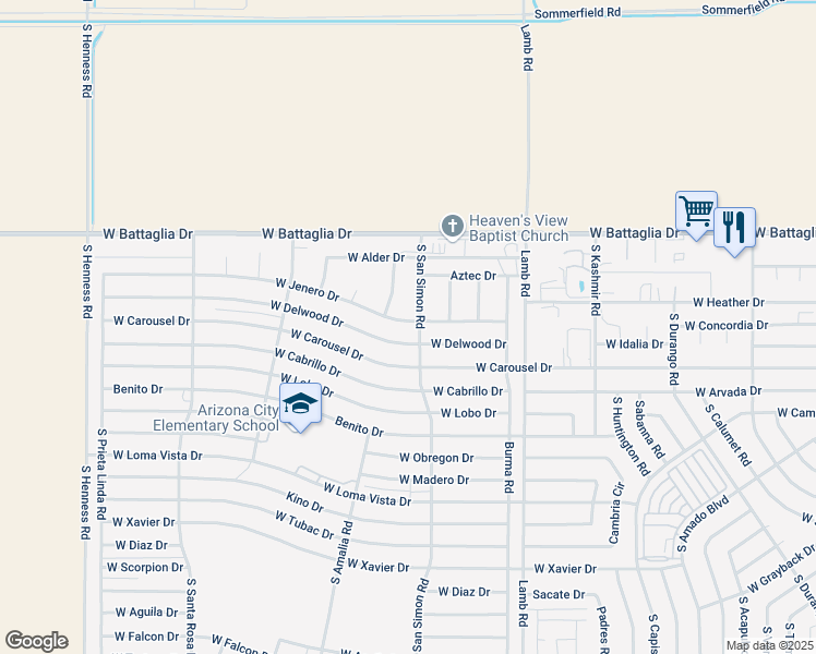 map of restaurants, bars, coffee shops, grocery stores, and more near 11679 West Jenero Drive in Arizona City
