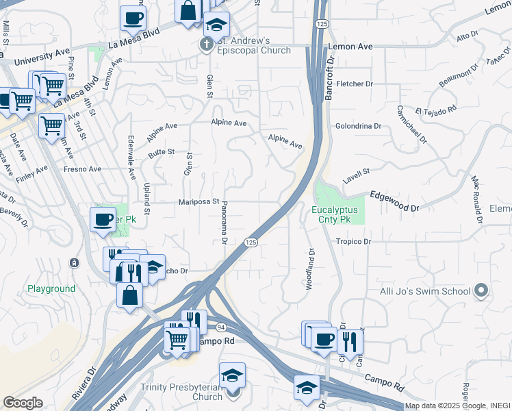 map of restaurants, bars, coffee shops, grocery stores, and more near 8887 Mariposa Street in La Mesa