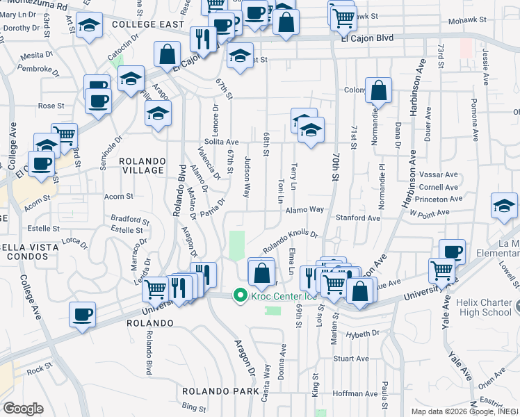 map of restaurants, bars, coffee shops, grocery stores, and more near 6784 Alamo Way in La Mesa