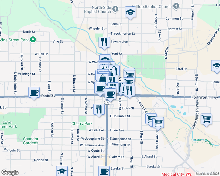 map of restaurants, bars, coffee shops, grocery stores, and more near 102 North Main Street in Weatherford