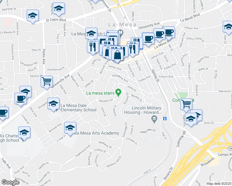 map of restaurants, bars, coffee shops, grocery stores, and more near 7925 Pasadena Avenue in La Mesa