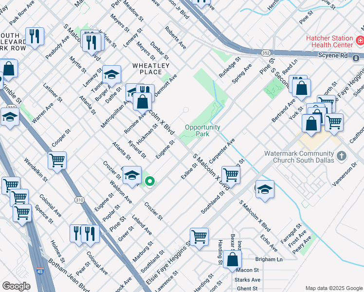 map of restaurants, bars, coffee shops, grocery stores, and more near 4111 South Malcolm X Boulevard in Dallas