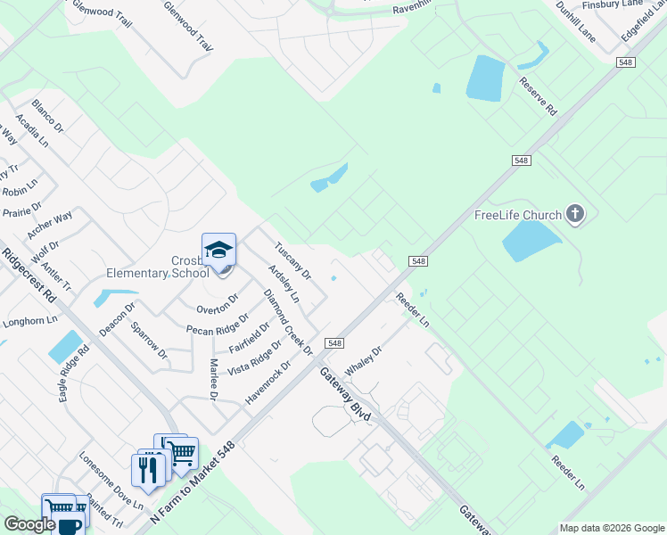 map of restaurants, bars, coffee shops, grocery stores, and more near 13875 Farm to Market 548 in Forney