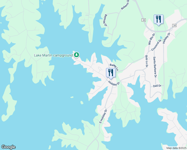 map of restaurants, bars, coffee shops, grocery stores, and more near 125 North Holiday Drive in Dadeville