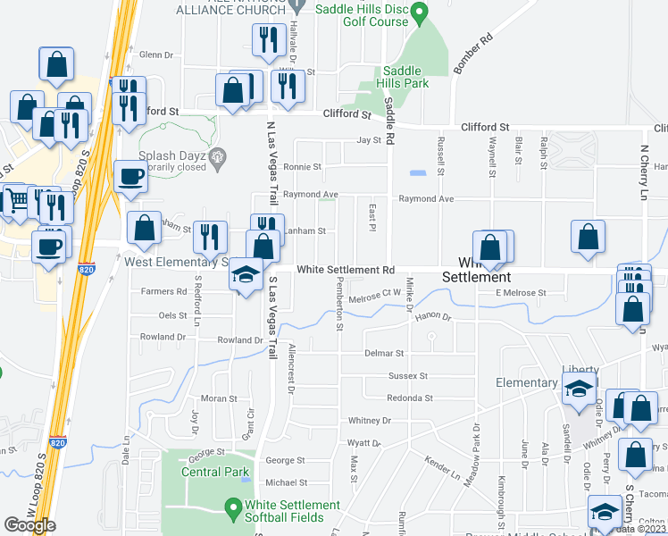 map of restaurants, bars, coffee shops, grocery stores, and more near 8508 White Settlement Rd in White Settlement