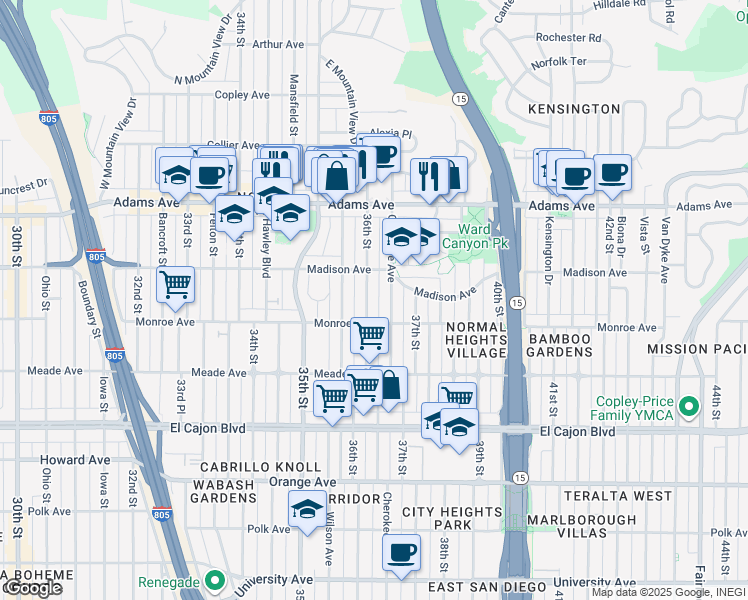 map of restaurants, bars, coffee shops, grocery stores, and more near 4546 36th Street in San Diego