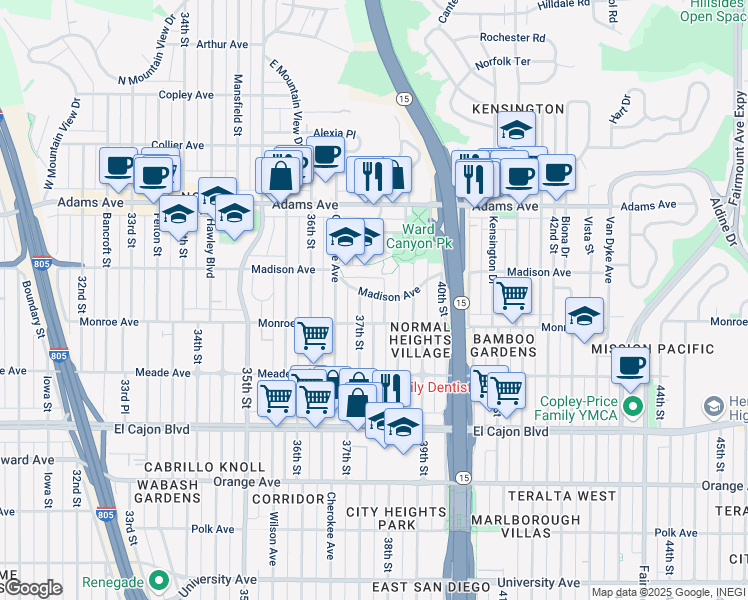 map of restaurants, bars, coffee shops, grocery stores, and more near 3735 Madison Avenue in San Diego