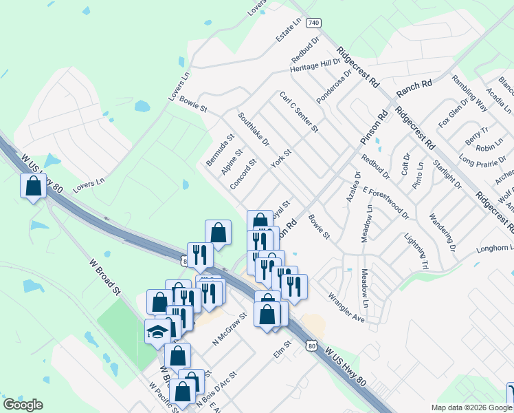 map of restaurants, bars, coffee shops, grocery stores, and more near 905 Downing Street in Forney