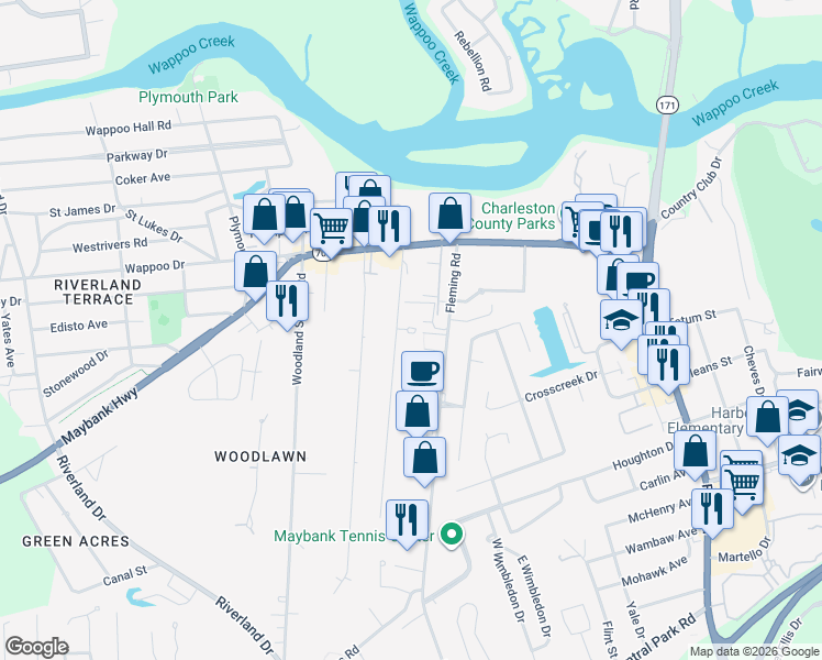 map of restaurants, bars, coffee shops, grocery stores, and more near 248A Howle Avenue in Charleston
