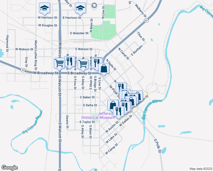 map of restaurants, bars, coffee shops, grocery stores, and more near 523 North Polk Street in Jefferson