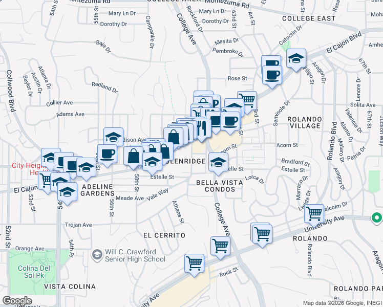 map of restaurants, bars, coffee shops, grocery stores, and more near 60th St & Carol St in San Diego