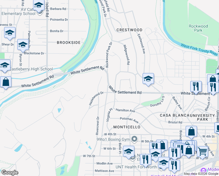 map of restaurants, bars, coffee shops, grocery stores, and more near 4010 White Settlement Road in Fort Worth