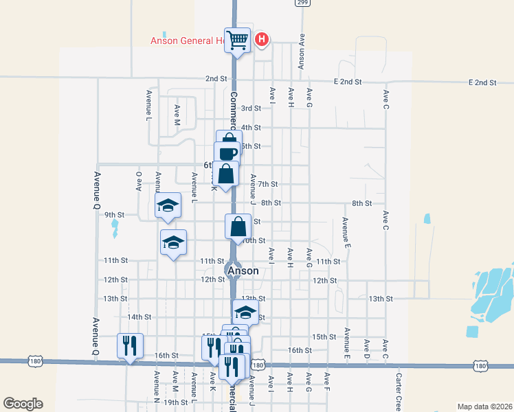 map of restaurants, bars, coffee shops, grocery stores, and more near 801 Avenue J in Anson