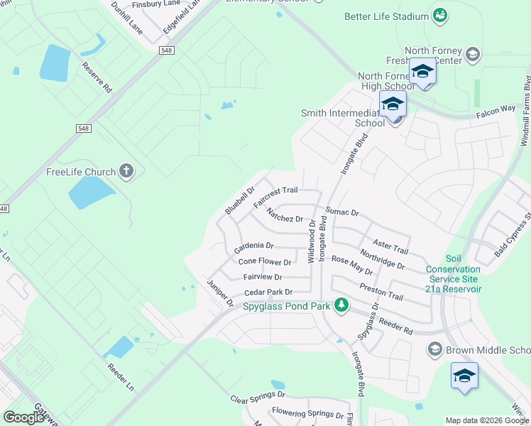 map of restaurants, bars, coffee shops, grocery stores, and more near 2032 Natchez Drive in Forney