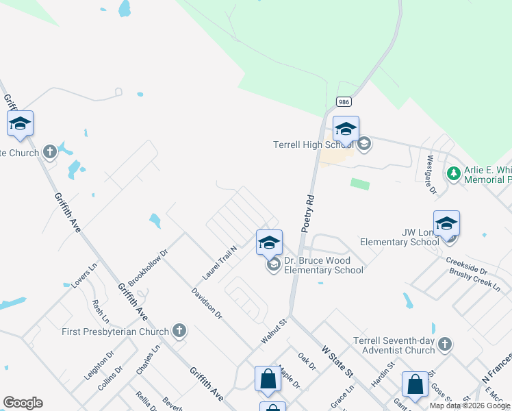 map of restaurants, bars, coffee shops, grocery stores, and more near 1008 Meridith Drive in Terrell