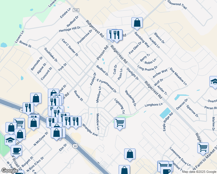 map of restaurants, bars, coffee shops, grocery stores, and more near 112 East Forestwood Drive in Forney