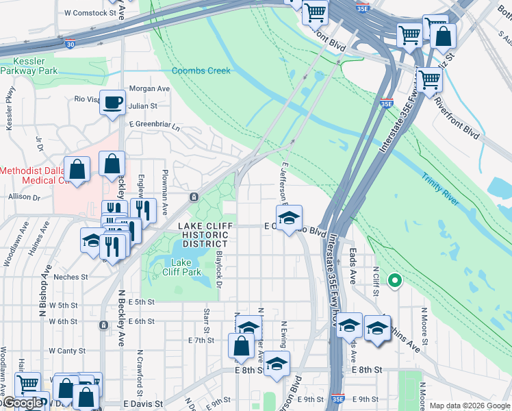 map of restaurants, bars, coffee shops, grocery stores, and more near 925 North Lancaster Avenue in Dallas
