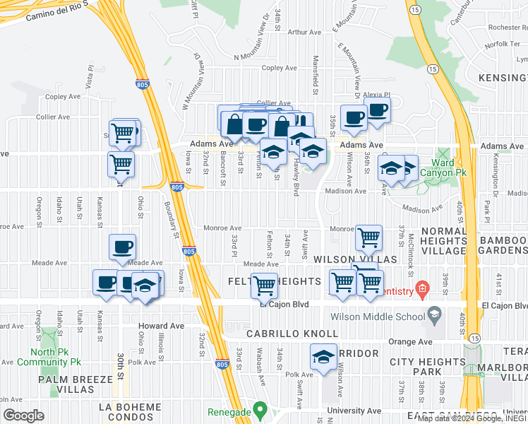 map of restaurants, bars, coffee shops, grocery stores, and more near 4541 Felton Street in San Diego