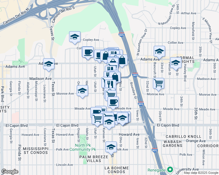 map of restaurants, bars, coffee shops, grocery stores, and more near 4534 30th Street in San Diego