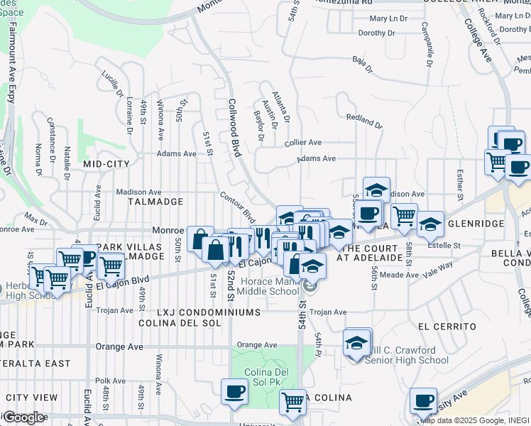 map of restaurants, bars, coffee shops, grocery stores, and more near 5308 Monroe Avenue in San Diego