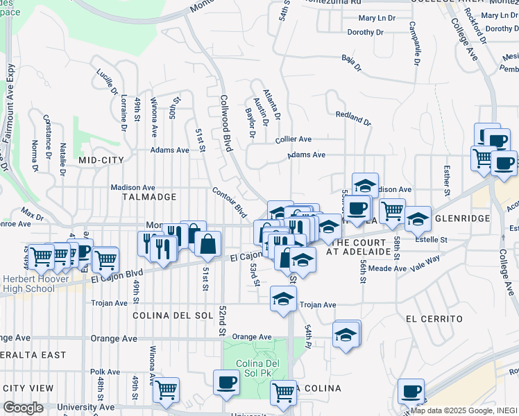 map of restaurants, bars, coffee shops, grocery stores, and more near 5308 Monroe Avenue in San Diego