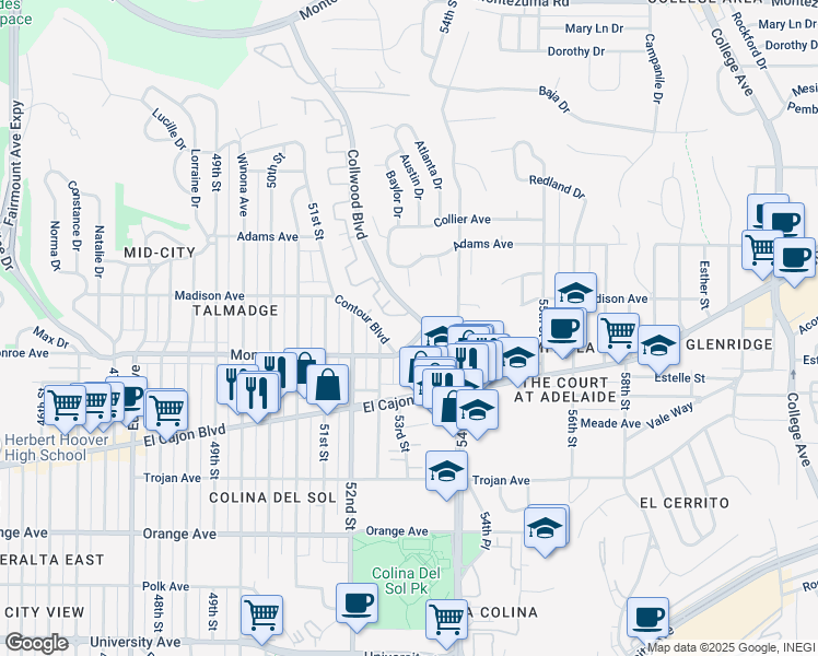 map of restaurants, bars, coffee shops, grocery stores, and more near 5308 Monroe Avenue in San Diego