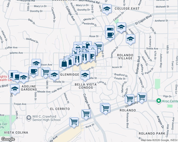 map of restaurants, bars, coffee shops, grocery stores, and more near 6145 Acorn Street in San Diego