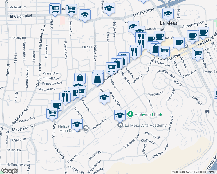 map of restaurants, bars, coffee shops, grocery stores, and more near 4460 Dale Avenue in La Mesa