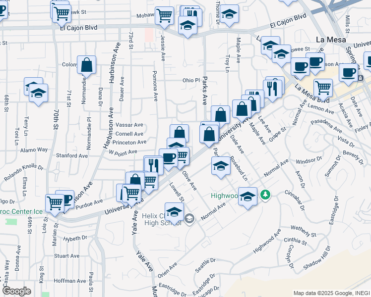 map of restaurants, bars, coffee shops, grocery stores, and more near 4496 Olive Avenue in La Mesa