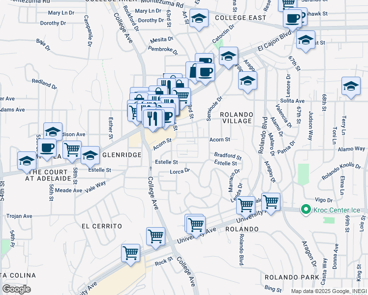 map of restaurants, bars, coffee shops, grocery stores, and more near 6266 Madeline Street in San Diego