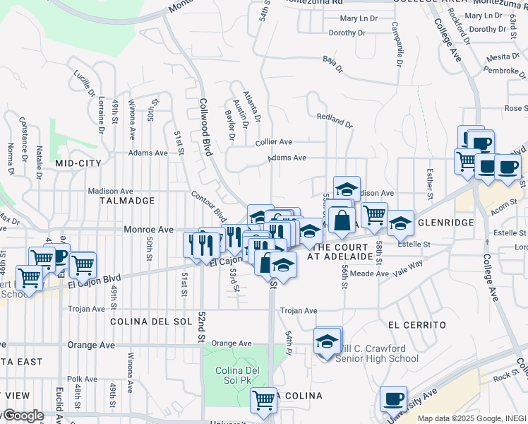 map of restaurants, bars, coffee shops, grocery stores, and more near 4533 54th Street in San Diego