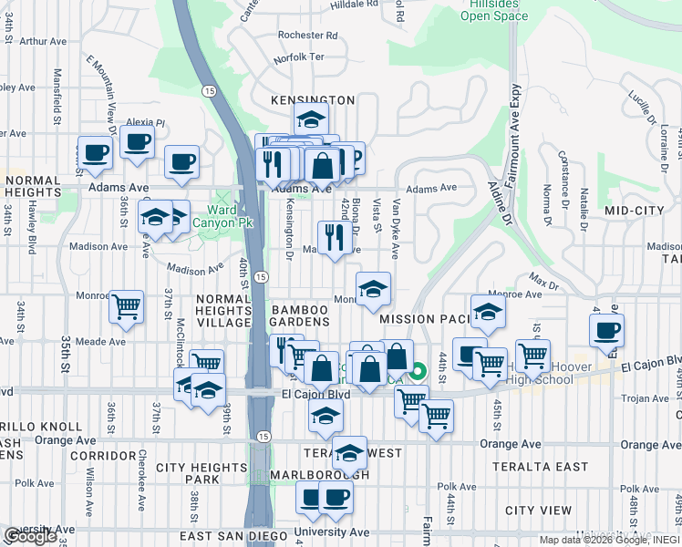 map of restaurants, bars, coffee shops, grocery stores, and more near 4545 Edgeware Road in San Diego
