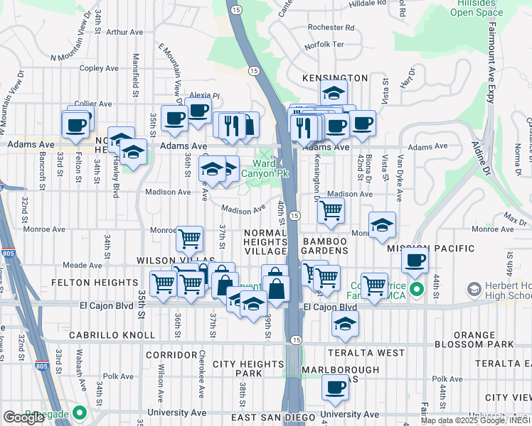 map of restaurants, bars, coffee shops, grocery stores, and more near 3845 Madison Avenue in San Diego