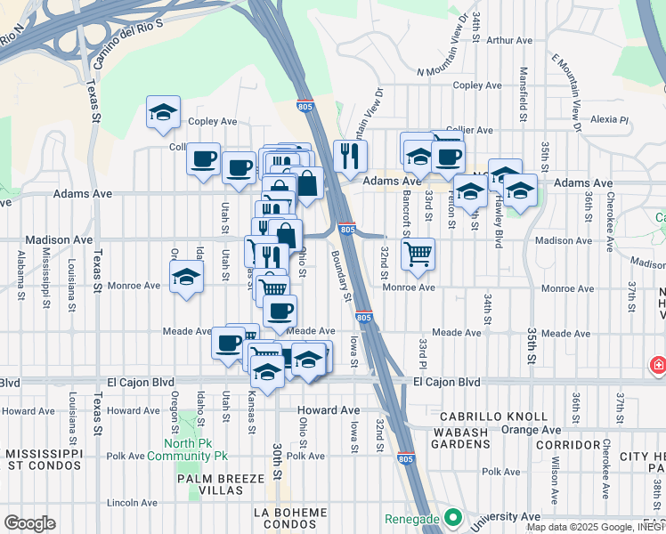 map of restaurants, bars, coffee shops, grocery stores, and more near 4541 Illinois Street in San Diego