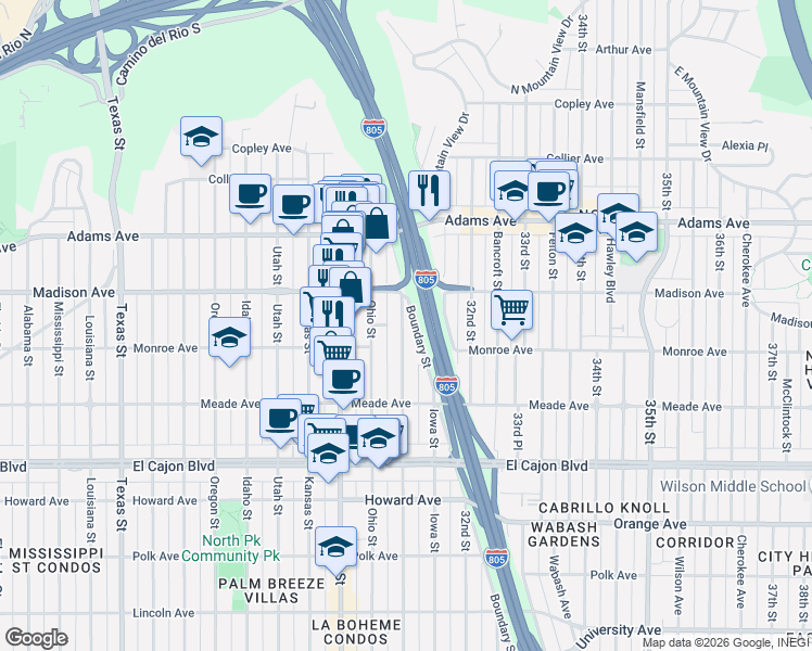 map of restaurants, bars, coffee shops, grocery stores, and more near 4541 Illinois Street in San Diego