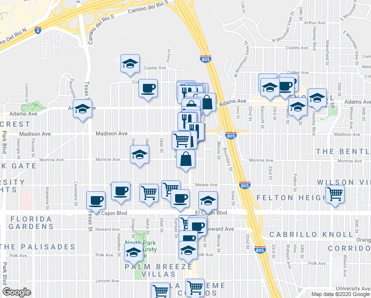 map of restaurants, bars, coffee shops, grocery stores, and more near 4542 30th Street in San Diego