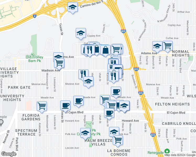 map of restaurants, bars, coffee shops, grocery stores, and more near 4533 Idaho Street in San Diego