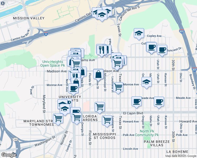 map of restaurants, bars, coffee shops, grocery stores, and more near 4525 Alabama Street in San Diego