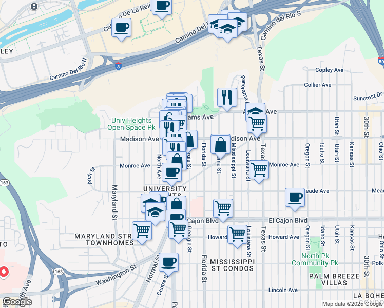 map of restaurants, bars, coffee shops, grocery stores, and more near 4546 Georgia Street in San Diego