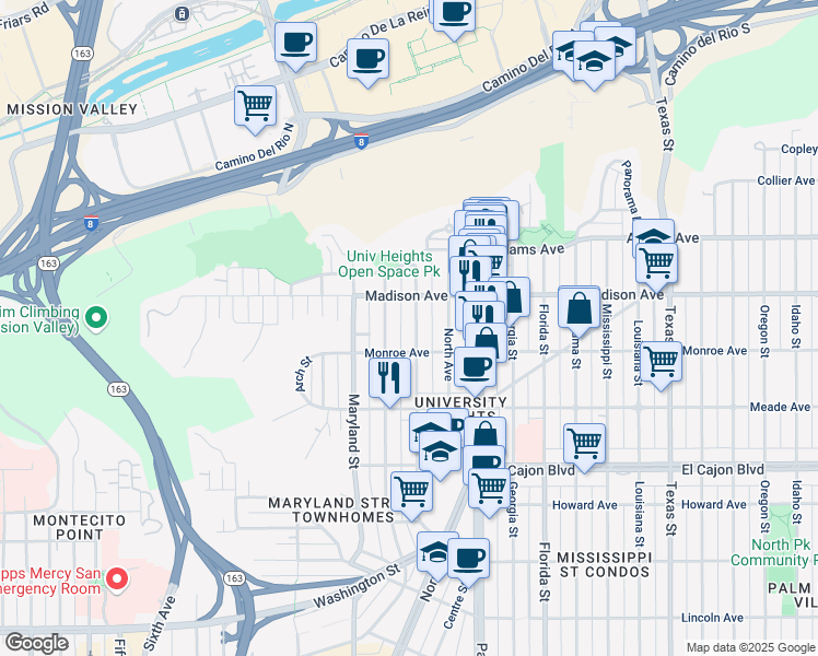 map of restaurants, bars, coffee shops, grocery stores, and more near 4545 Campus Avenue in San Diego