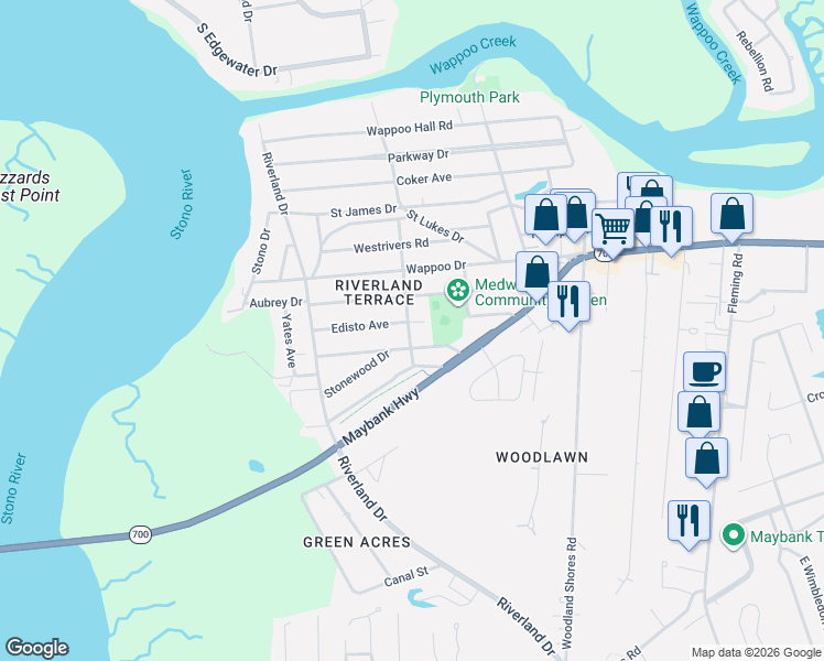 map of restaurants, bars, coffee shops, grocery stores, and more near 2133 Edisto Avenue in Charleston