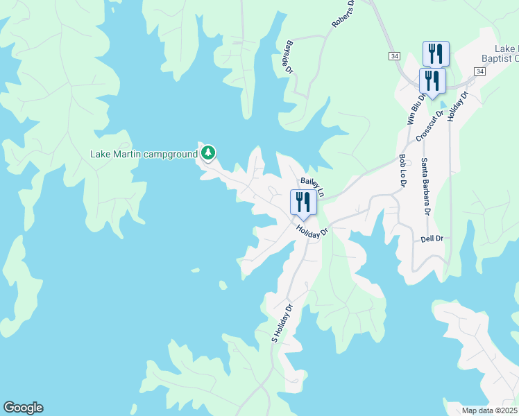 map of restaurants, bars, coffee shops, grocery stores, and more near 125 North Holiday Drive in Dadeville