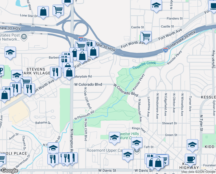 map of restaurants, bars, coffee shops, grocery stores, and more near 1908 West Colorado Boulevard in Dallas