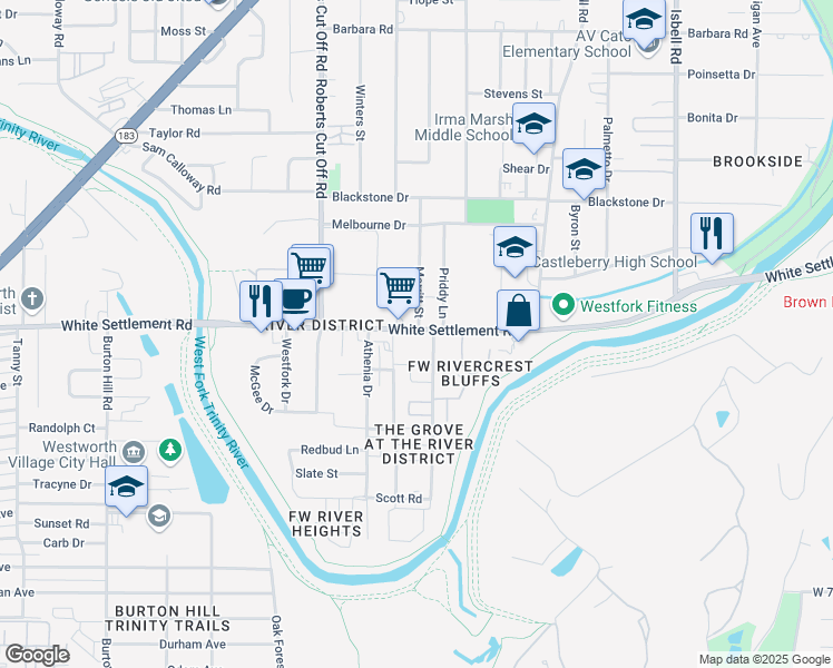 map of restaurants, bars, coffee shops, grocery stores, and more near 5001 White Settlement Road in Fort Worth