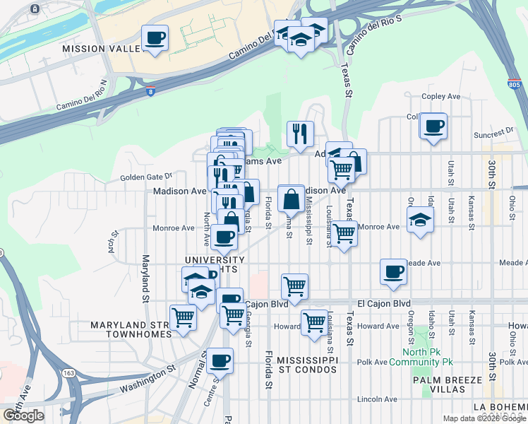 map of restaurants, bars, coffee shops, grocery stores, and more near 4540 Florida Street in San Diego