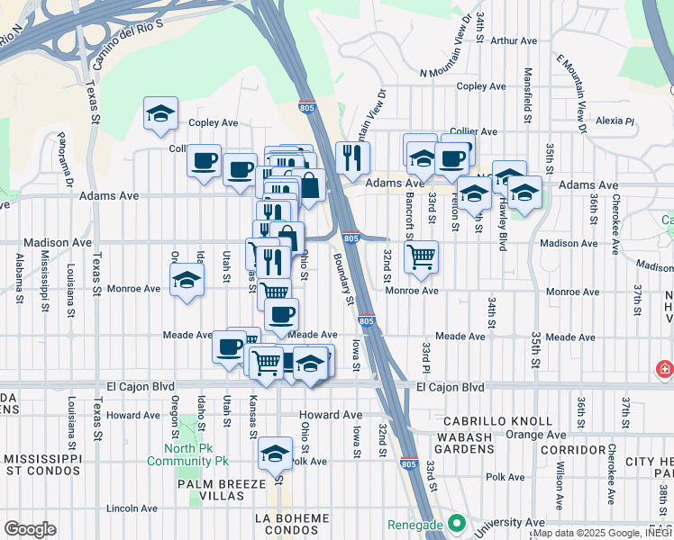 map of restaurants, bars, coffee shops, grocery stores, and more near 4541 Illinois Street in San Diego