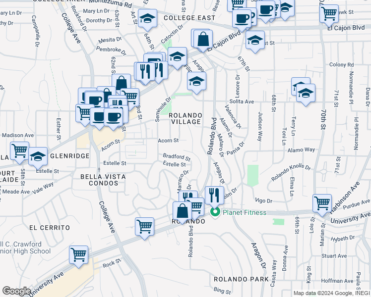 map of restaurants, bars, coffee shops, grocery stores, and more near 4543 Revillo Drive in San Diego
