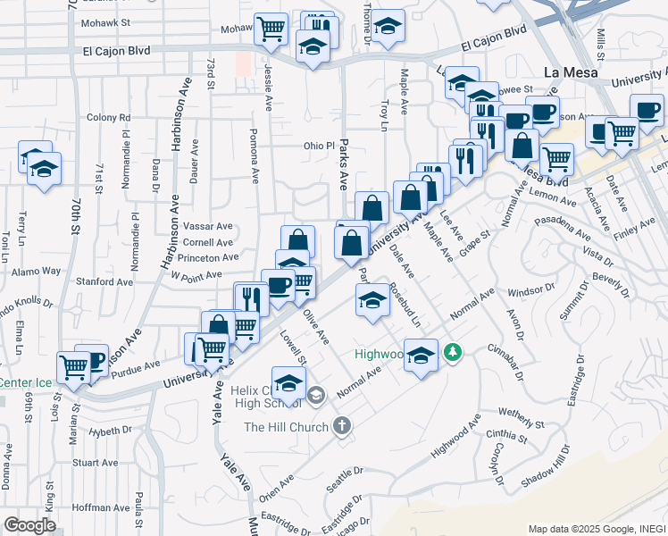 map of restaurants, bars, coffee shops, grocery stores, and more near 7560 University Avenue in La Mesa