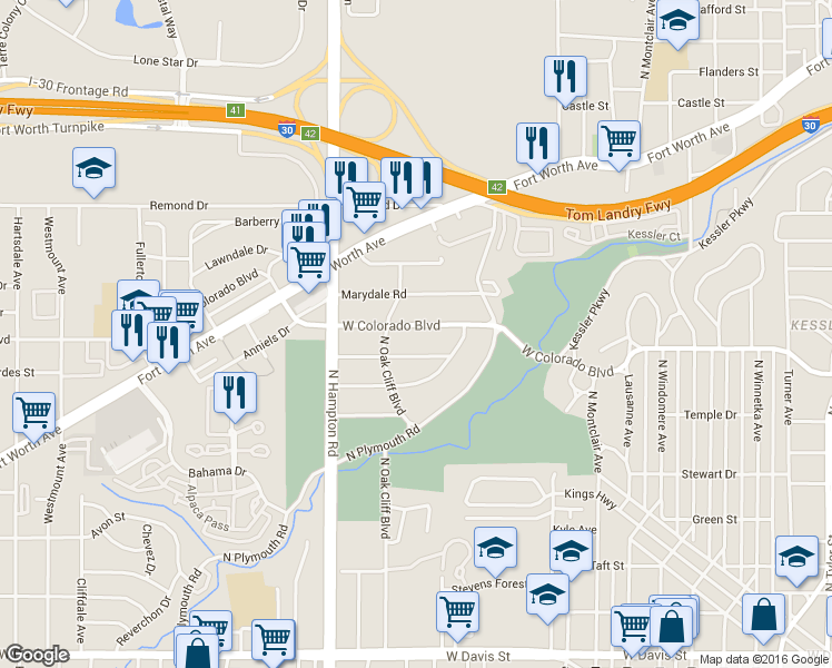 map of restaurants, bars, coffee shops, grocery stores, and more near 1936 W Colorado Blvd in Dallas